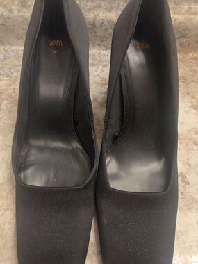 Zara Black Satin Square-Toe High Heels